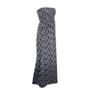 AQUA Floral Smocked Waist Maxi Dress - Black & White Boho Print - M